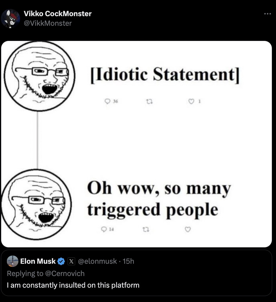 screenshot - Vikko CockMonster Elon Musk Idiotic Statement 36 22 Oh wow, so many triggered people 14 27 . 15h I am constantly insulted on this platform